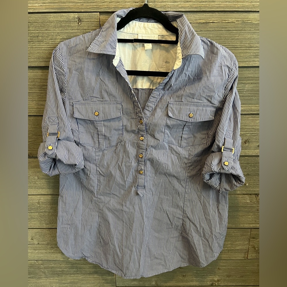 Charter Club Light Navy and White Striped Button-Front Top With Gold Accents